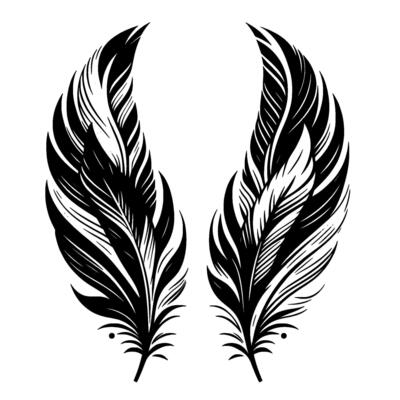 Striking black white illustration of two detailed, symmetrical feathers on a blank background.