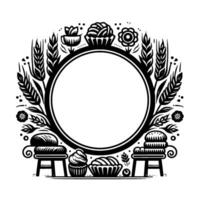 Artistic black and white bakerythemed circular frame with wheat, pastries, and flowers, designed for a menu or invitation. vector