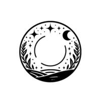 Circular celestial illustration a minimalist black and white featuring a crescent moon, stars, stylized foliage, and a landscape within a circular frame. vector