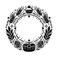 Circular black and white illustration featuring a decorative wreath with wheat, leaves, cupcakes, and an open center. vector
