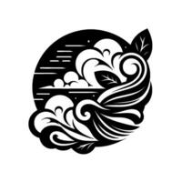 Stylized black and white circular composition waves, clouds, leaves, and sky elements in a silhouette design. vector