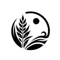 Black and white yinyang inspired design wheat stalk, sun, and flowing water, symbolizing balance, nature, and harmony. vector
