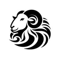 A stylized black and white ram head emblem, featuring curved horns, ornamental fur, and a minimalist, elegant against a white background. vector