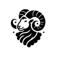 Stylized black and white of a smiling rams head, depicting horns and curly wool, isolated on white. vector