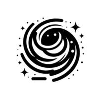 Abstract black and white spiral galaxy illustration with decorative stars and cosmic dots on a white backdrop, minimalist design. vector