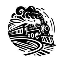 Black and white train silhouette a retro steam engine with billowing smoke and stylized track, encircled in a circular frame. vector