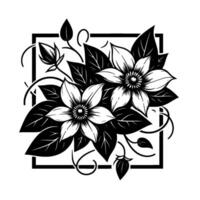 Floral illustration in stark black and white, featuring two stylized flowers, lush leaves, and ornate tendrils within a geometric frame. vector