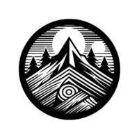 Circular monochrome graphic mountain peak silhouette with forest, concentric circles, and sun behind, with horizontal lines framing the image. vector
