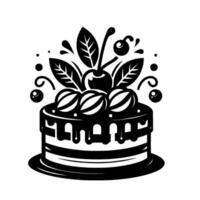 Monochrome illustration of a layered cake with cherry and leaf garnish, drizzled icing, and decorative elements. vector