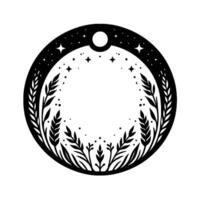 Black and white celestial floral emblem featuring a full moon, stars, and stylized leaves within a circular frame, ideal for decorative uses. vector