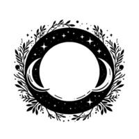 Celestial black white circular illustration featuring moons, stars, foliage, and an empty center for design. vector