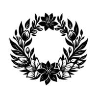 Intricate black and white floral wreath with detailed leafy branches in a circular composition on a clean white background. vector