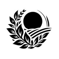 Black and white circular emblem sun, farm fields, and foliage, minimalist nature icon. vector