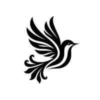 A stylized, monochromatic illustration of a bird in flight, featuring elegantly curved wings and a tail, set against a stark white background. vector