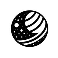 Black and white celestial illustration a planet with striped surface, surrounded by stars and dots, in a circular design. vector