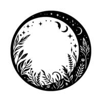 Celestial circle a black and white illustration of a moonlit night sky intertwined with intricate botanical elements, stars, and crescent moons. vector