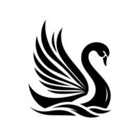 Elegant minimalist depiction of a graceful swan with raised wings, resting on water, rendered in stark black and white silhouette style. vector