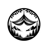 Stylized monochrome roundel depicting tentlike canopy, mountains, and trees enclosed within leafy circle. vector