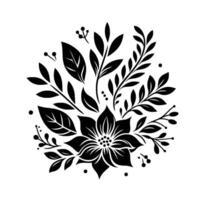 Stylized floral arrangement a symmetrical black and white illustration of a flower bouquet with leaves and berries on white background. vector