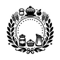 Black white bakery crest cupcakes, jar, pitcher, cherry, wheat, floral wreath inside circle vector