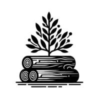 Minimalist black and white illustration a young tree sprouting from a stack of stylized wooden logs, symbol of growth. vector