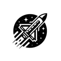 Monochrome rocket launching into space within a circular emblem, with starry background and modern, geometric design. vector