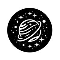 Black and white space icon, circular design planet with rings, stars, and cosmic dust in a simple, minimalist style. vector