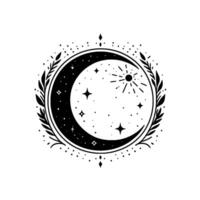 Celestial minimalist crescent moon illustration with stars, sun, and botanical frame, black and white art with dot border. vector