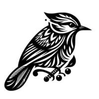 Intricate black and white tribal bird illustration perched on a stylized branch, evoking a sense of elegance and design. vector