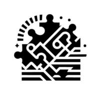 Abstract black and white puzzle piece with geometric patterns, sunburst, stars, and dots, symbol of connection and complexity. vector