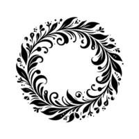 Elegant monochrome floral wreath with intricate leaves, curls, and dots, ideal for decorative borders and creative projects, isolated on white. vector