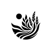 Elegant, minimalist black and white depiction of wheat and leaves, encircled by flowing lines, with a sunlike circle. vector