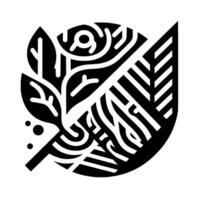 Abstract black and white illustration of botanical elements arranged in a circular, segmented composition with geometric leaves, twigs, and curves. vector