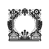 Intricate floral frame with symmetrical arrangement, featuring diverse botanicals and decorative elements in monochrome. vector