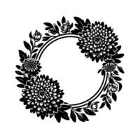 Intricate floral wreath in black and white stylized chrysanthemums, leaves, and buds enclosing a circular frame on a clean background, offering classic elegance. vector