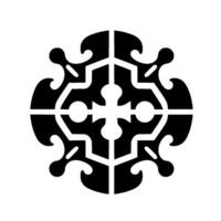 Symmetrical, bold black and white featuring a crosslike central pattern with ornate, symmetrical florallike motifs. vector