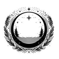 Black and white celestial illustration within an oval frame, featuring stars, crescent moon, fir trees, and leafy border, minimalist design. vector