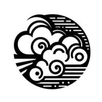 Abstract monochrome circular depicting stylized clouds with swirling details, evoking wind and a modern, minimalist aesthetic. vector