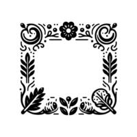 Elegant black and white floral frame featuring leaves, flowers, and ornate scroll elements, isolated on white. vector