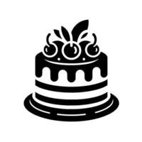 Black and white cake illustration with cherrytopped frosting, featuring a minimalist design, isolated against a white background. vector
