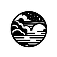 Minimalist black and white circular illustration of a night scene with clouds, stars and sea vector