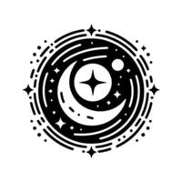 Celestial emblem a minimalist black and white featuring a crescent moon, star, and swirling cosmic elements within a circular frame. vector