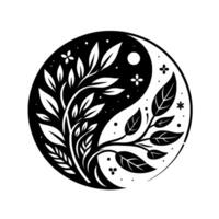 Yinyang harmony a symmetrical black and white merging plant life, with leaves, blossoms, and dots, symbolizing balance and natures duality within a circle. vector