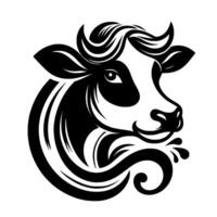 Stylized black and white dairy cow head with a friendly expression, liquid swirls, curly hair, and simple lines. vector