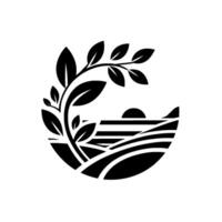 Monochromatic emblem featuring stylized landscape with a branch of leaves, sun and rolling hills, in a semicircular frame. vector