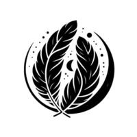 Symbolic black and white crest featuring two intertwined feathers, crescent moon, and scattered dots, evoking mysticism and harmony. vector