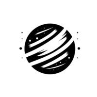 Minimalist black and white illustration of a planet with striped bands, surrounded by scattered dots, evoking space and cosmic themes. vector