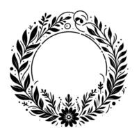 Ornate black and white circular floral frame, featuring leaves, berries, and a central flower, emphasizing simplicity and elegance. vector