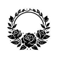 Elegant black and white circular floral emblem featuring three stylized roses and leaf details framing empty center for text or design. vector