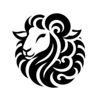 Stylized black and white ram head with curly horns and swirls, ideal for branding and design. vector